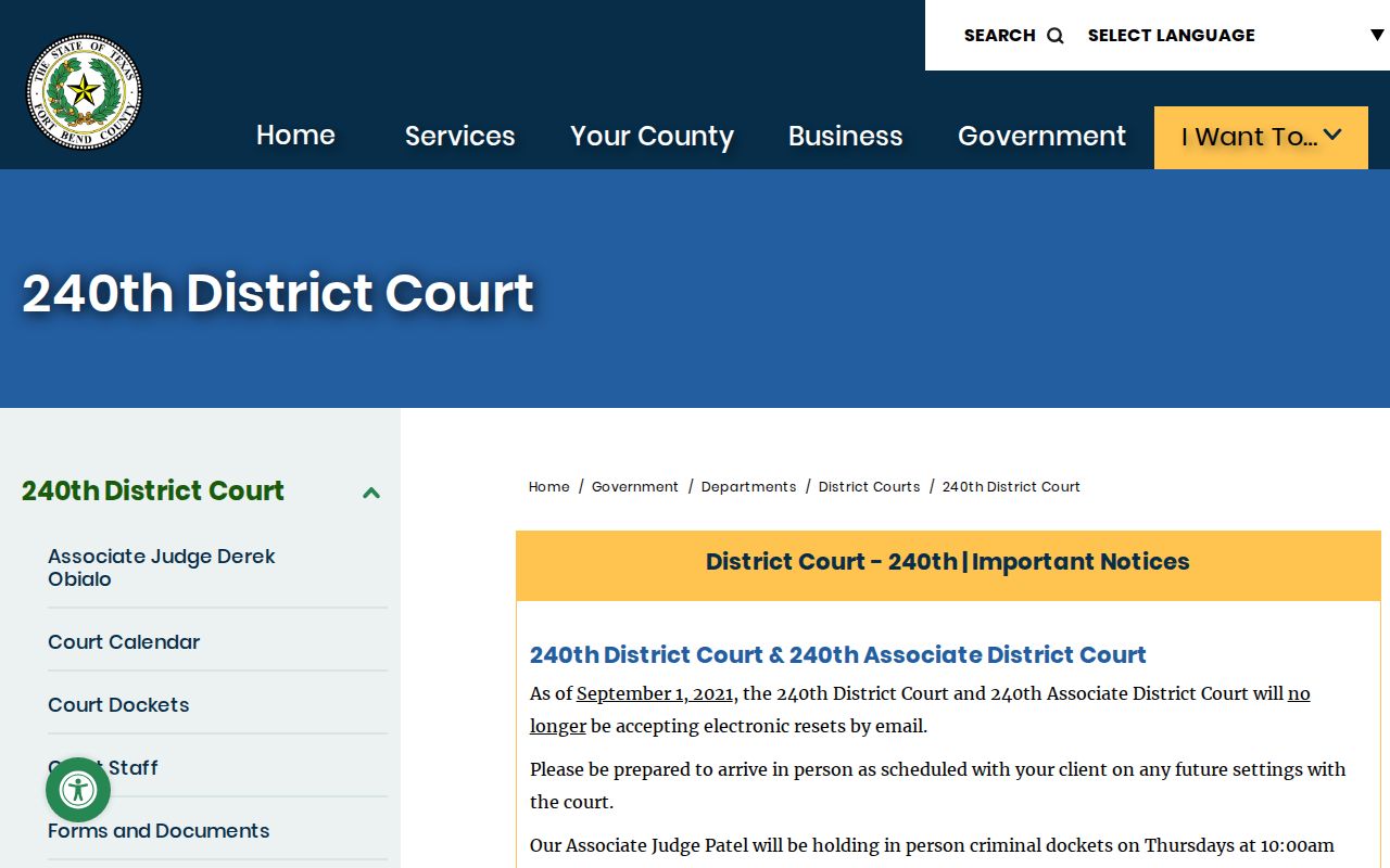 Fort Bend County 240th District Court first appearance and criminal docket schedule