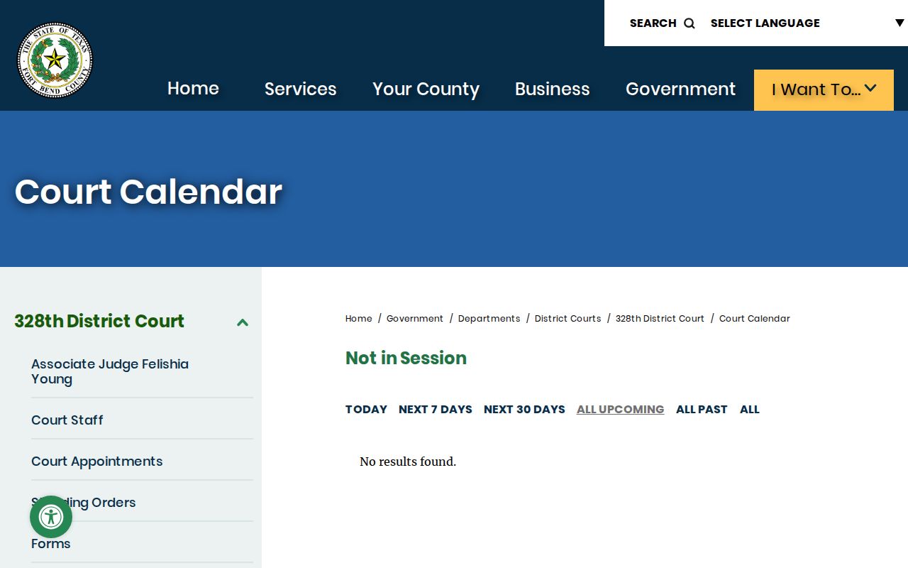 Fort Bend County 328th District Court calendar filter and event list