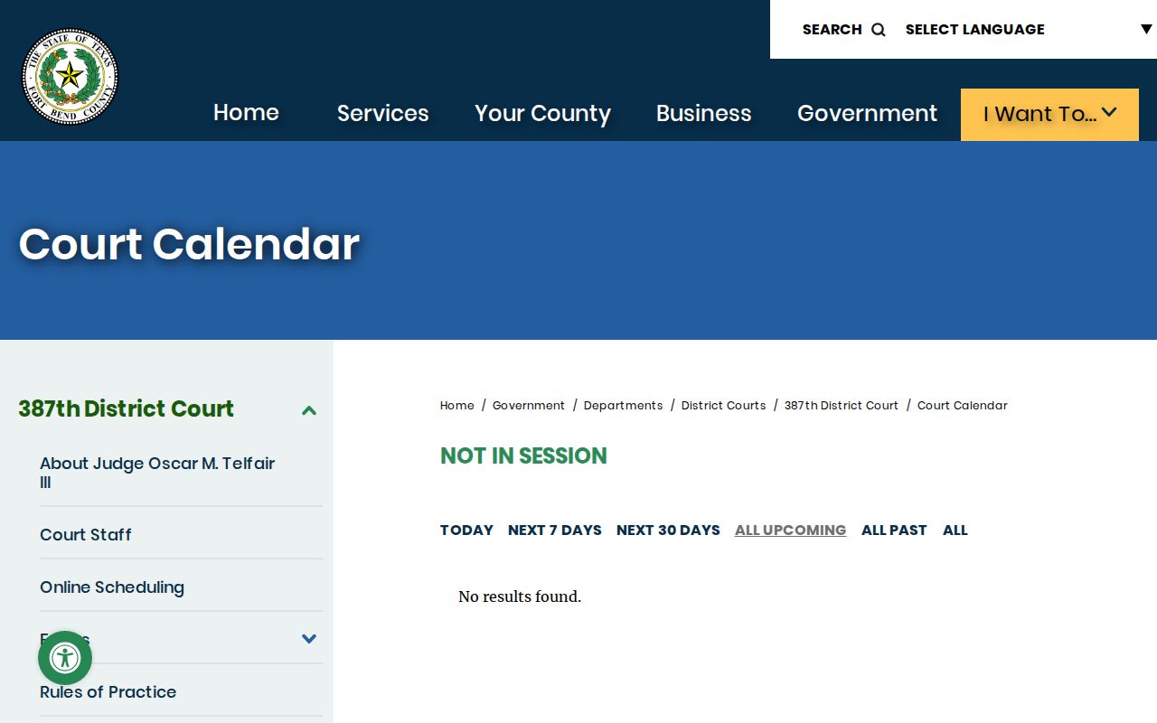 Fort Bend County 387th District Court calendar time filters