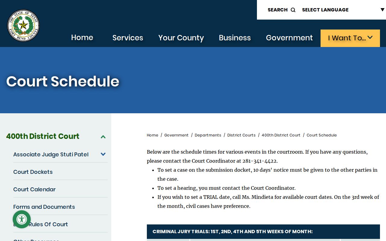 Fort Bend County 400th District Court weekly criminal and civil schedule
