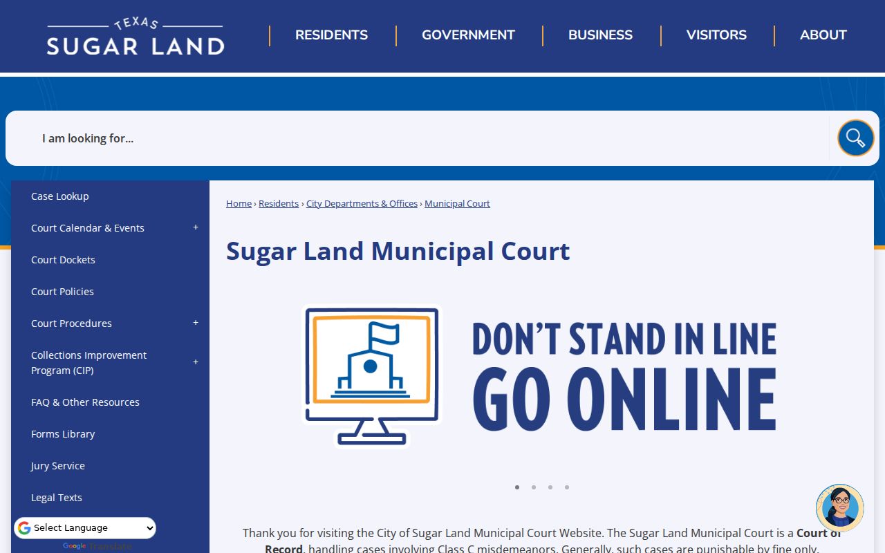 Sugar Land Municipal Court page showing court-of-record status and service links