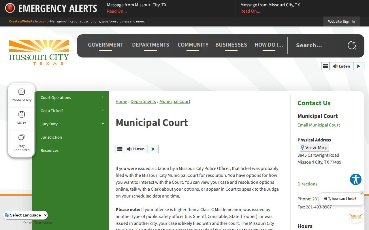 Missouri City Municipal Court page showing municipal jurisdiction and court contact information