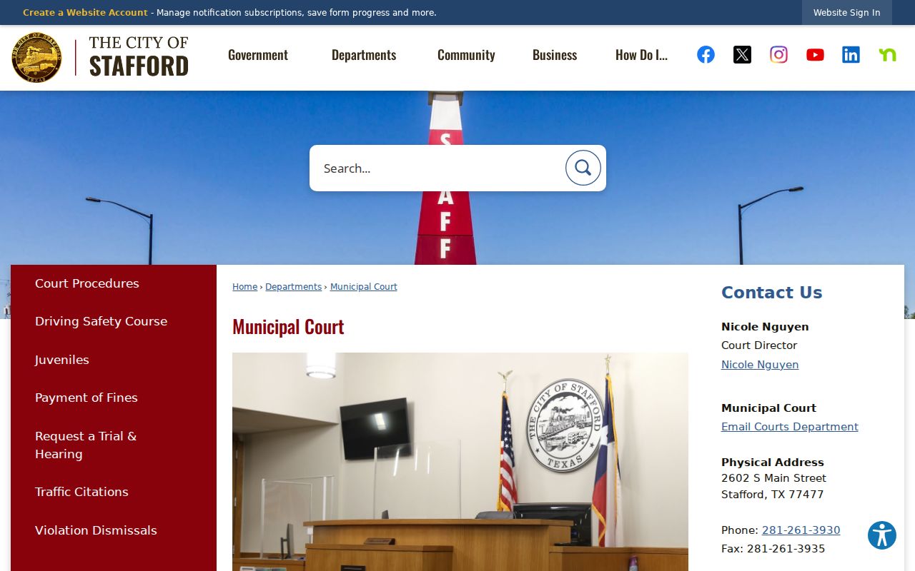 Stafford Municipal Court page with Class C and code jurisdiction, judge, director, address, and phone