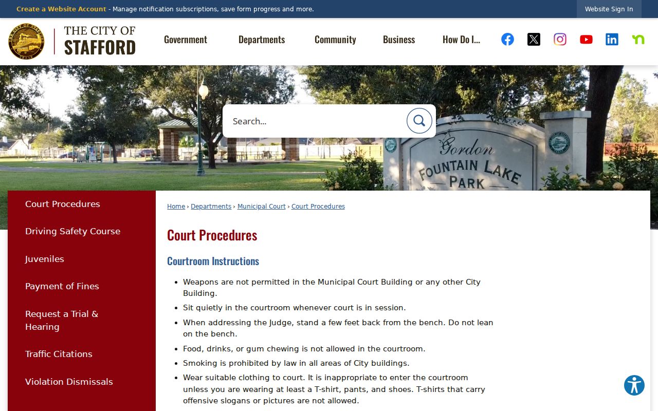 Stafford Court Procedures page showing plea definitions, courtroom rules, and the municipal trial path